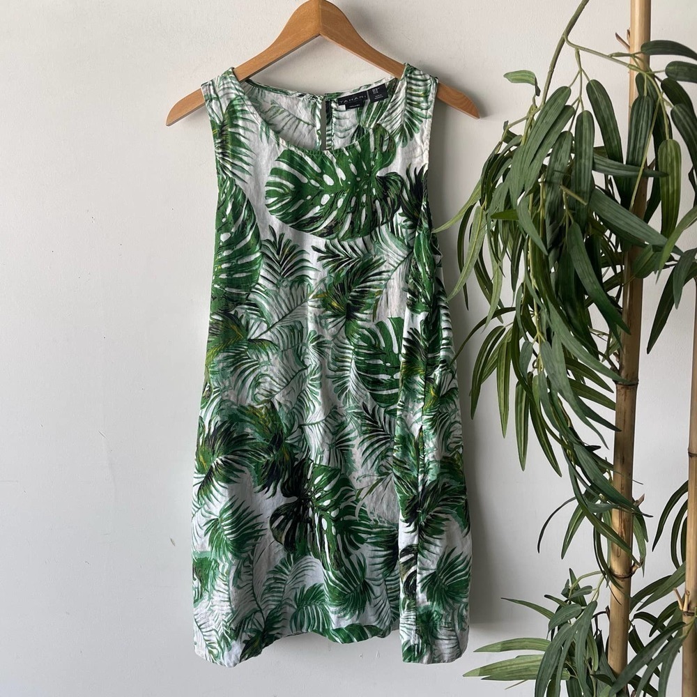 Tahari Dress Womens Medium White Green Tropical Boho Palm Linen Summer